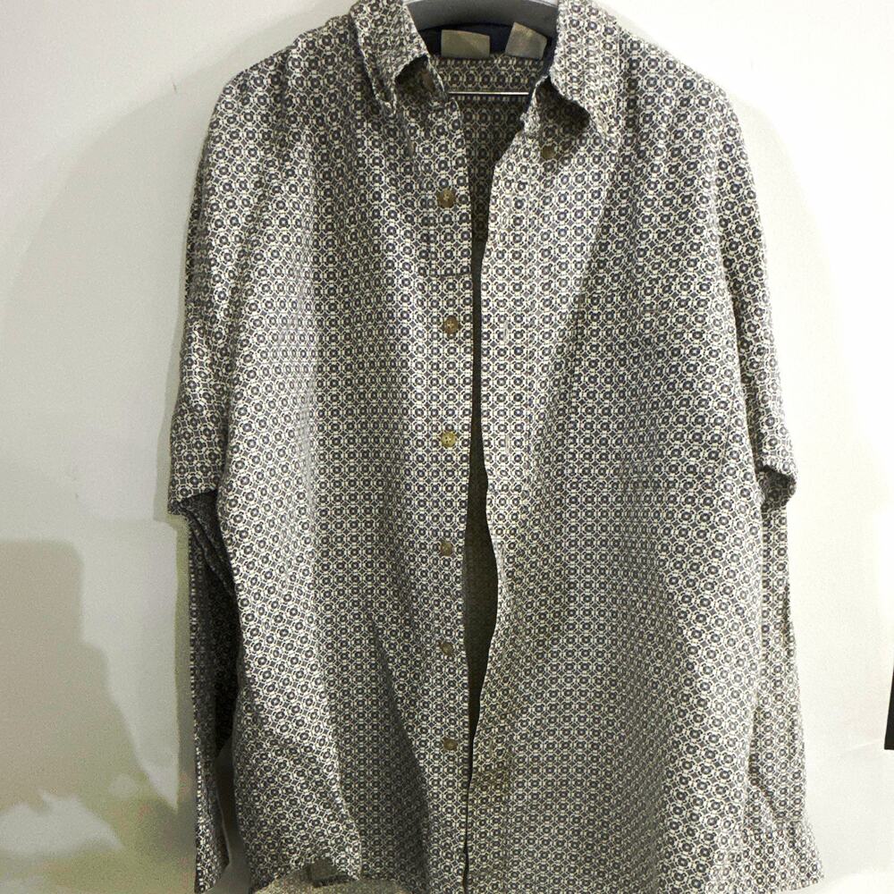 Vintage Bugle Boy Men's L Blue White Geometric Long Sleeve Collar Button-Up